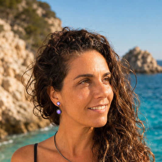 Pendientes "Doble Sol violeta" – Vidrio fundido y hierro forjado.