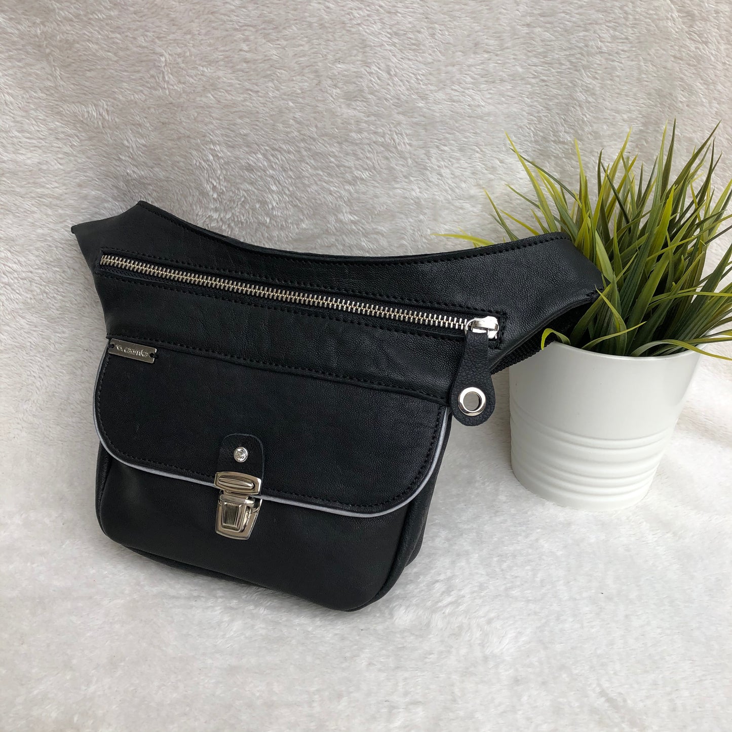 Mini Premium Black & Silver BioCuir® natural leather Unique Piece No. 8157