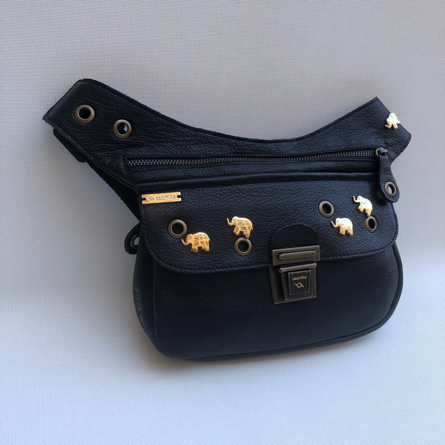 Premium Black "Lucky Elephants" BioCuir® natural leather Unique Piece No. 10285