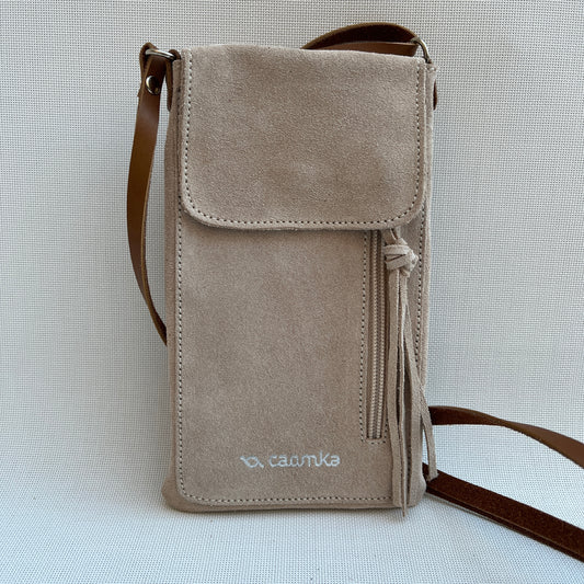 Mobile Holder Water Design Split Leather Beige