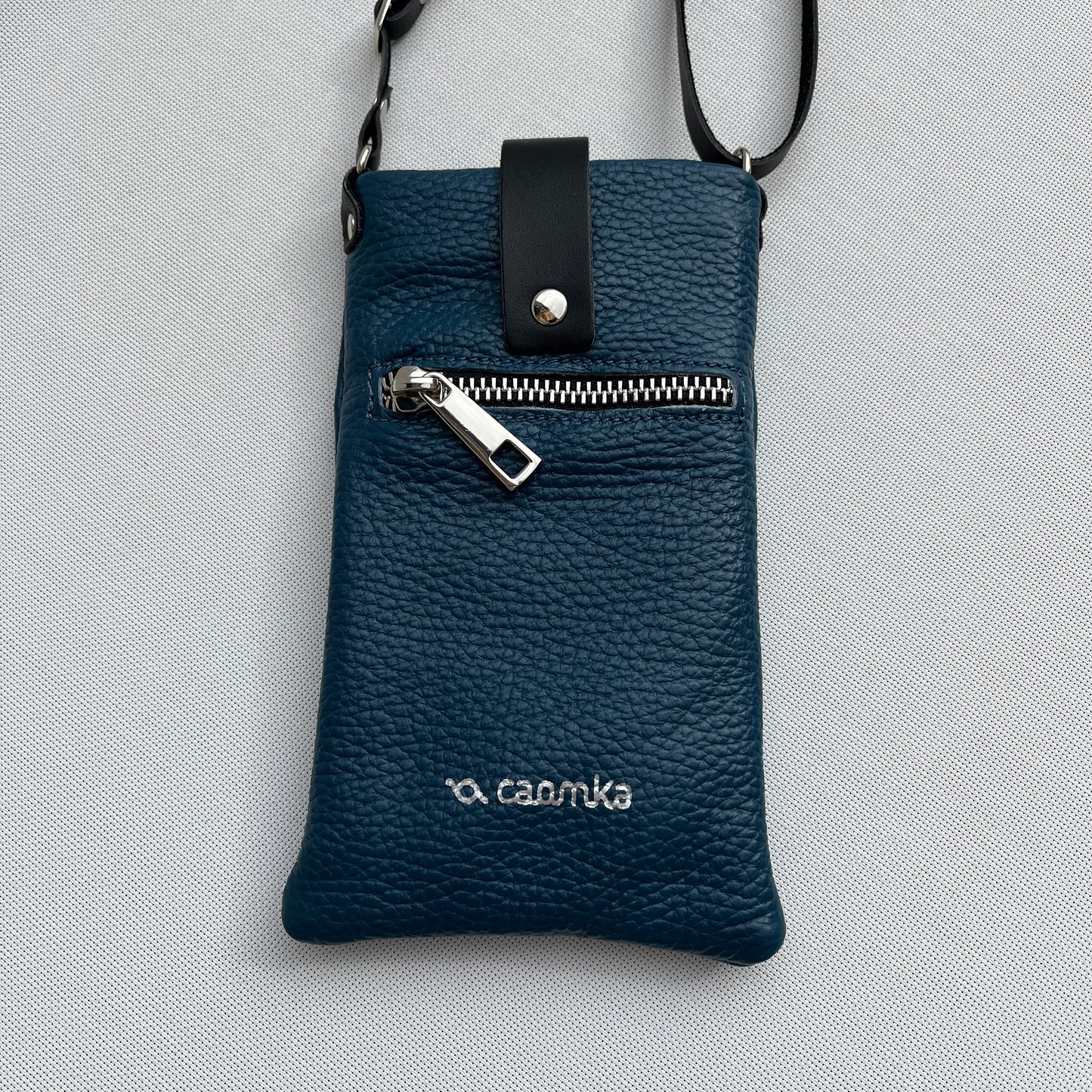 Porta Móvil · Diseño Alfa · Piel natural · Azul Petroleo