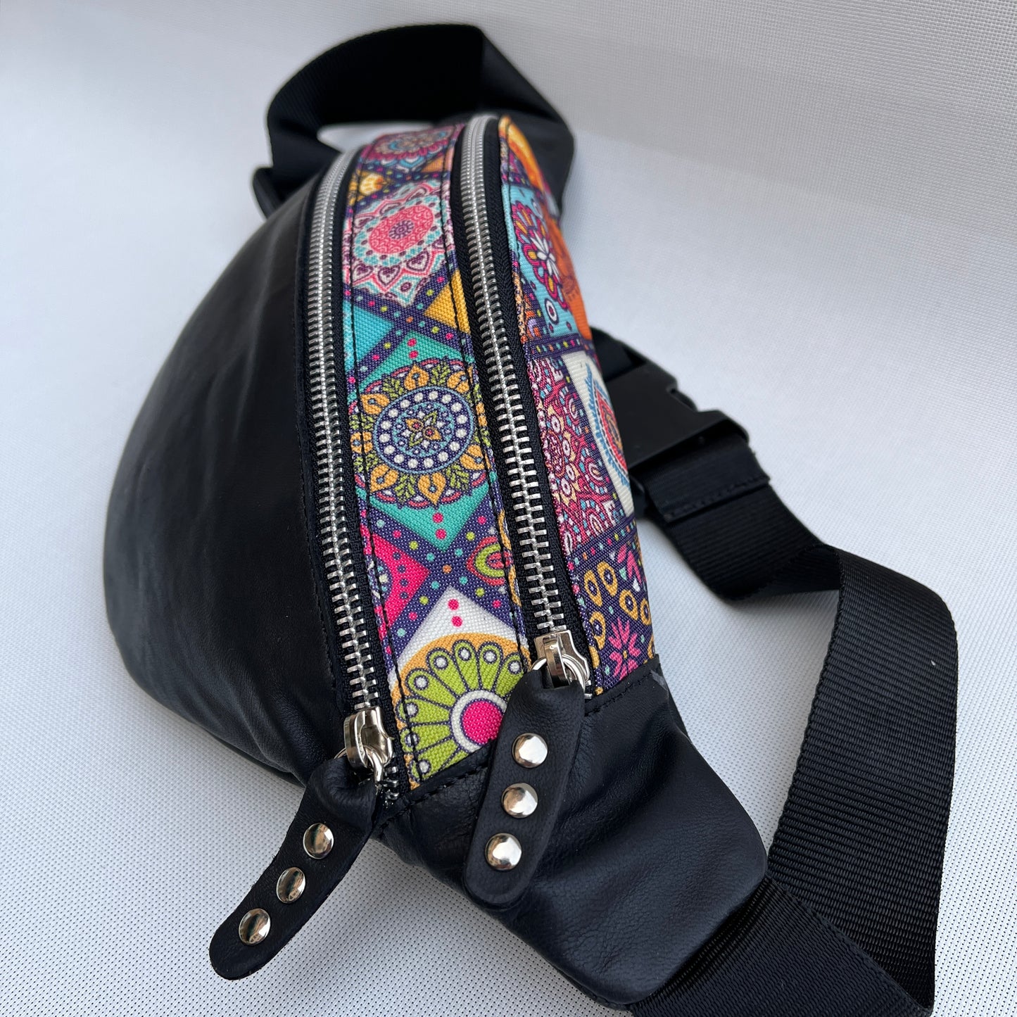 Retro Chic Special Black Mandalas BioCuir® natural leather Unique Piece No. 11897
