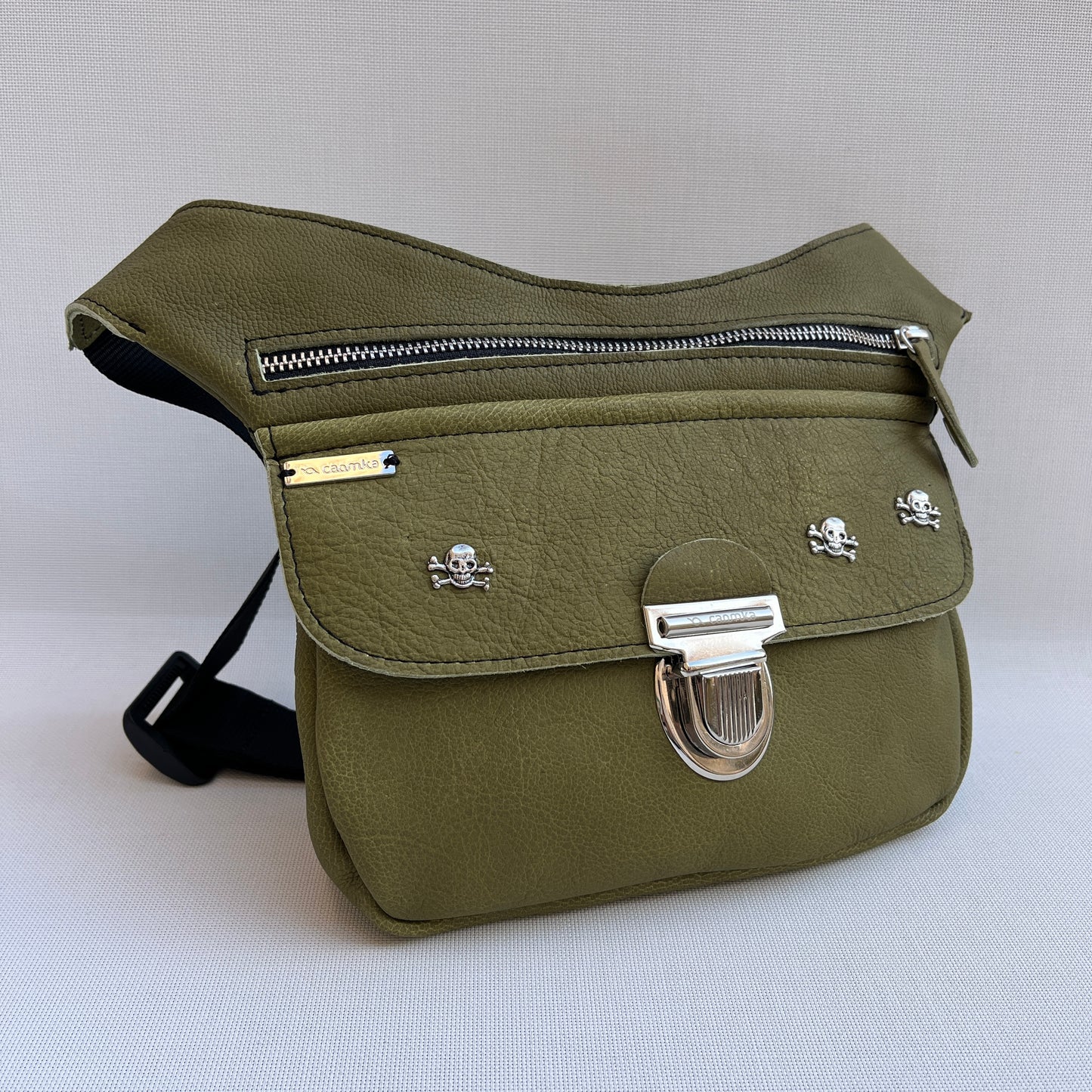 Premium SKULLS Pistachio Green & Silver Natural BioCuir® Leather Exclusive Piece No. 12879