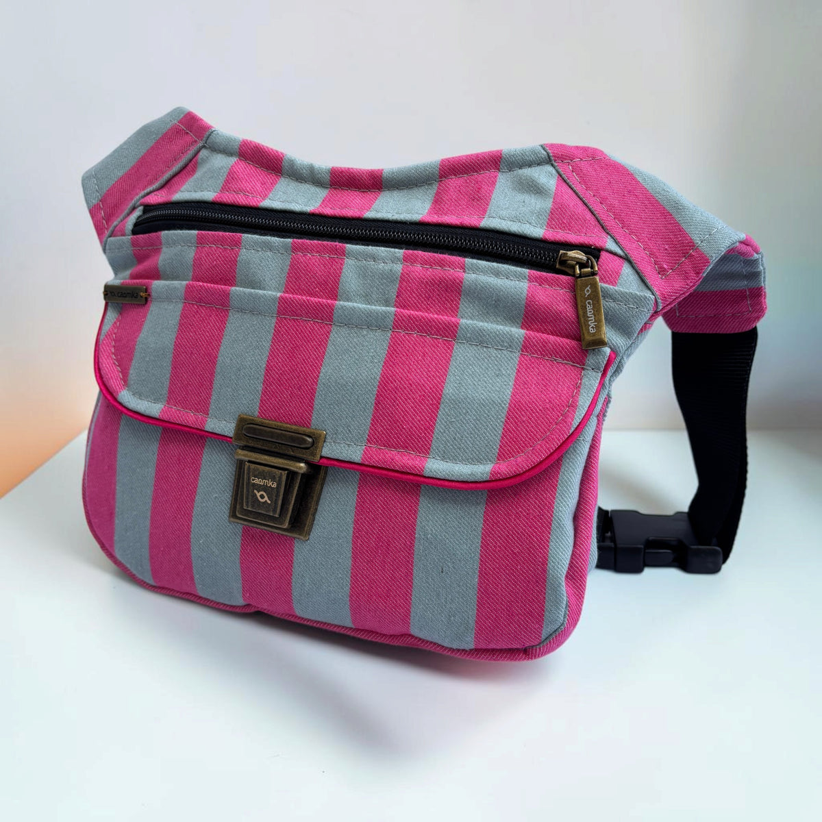 Riñonera Original "Special Pink & Grey Stripes" + Bolsillo trasero · Pieza Única Núm. 19650