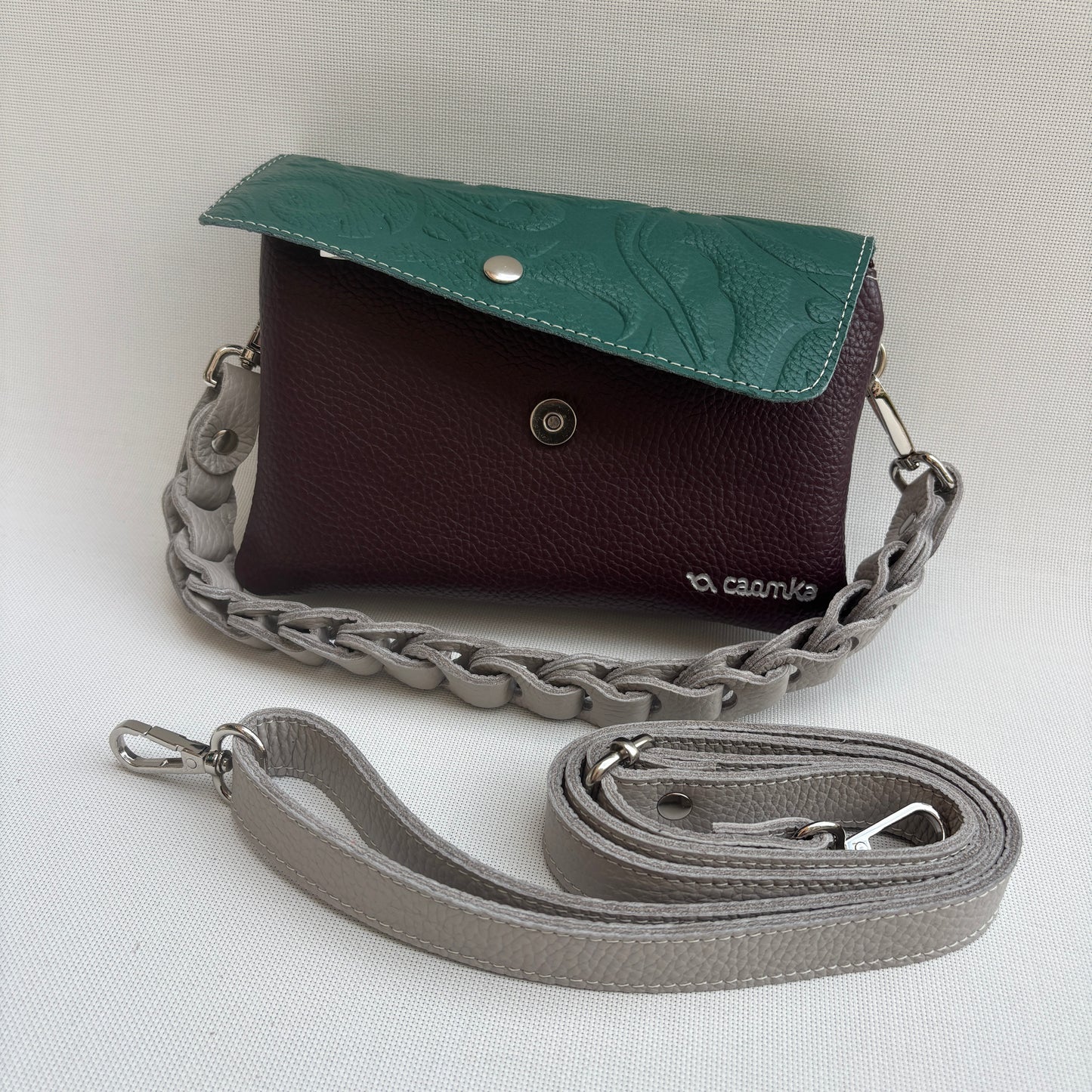 Riñonera multifunción ELEGANT NANO "Green & Burdeos" · Piel · Pieza Exclusiva Núm. 18075