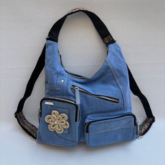 Mochila Caomka modelo Pocket "Denim Flower Joy" · Pieza Única núm. 18985