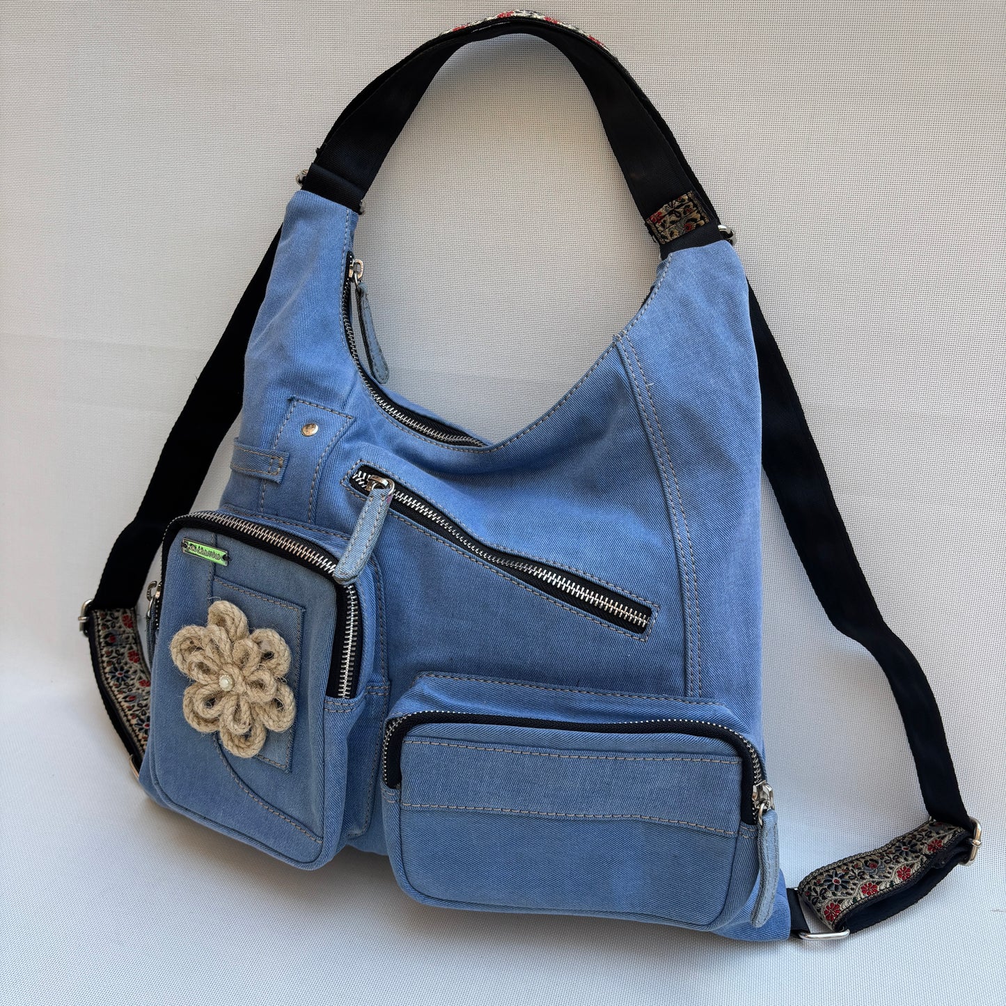 Mochila Caomka modelo Pocket "Denim Flower Joy" · Pieza Única núm. 18985