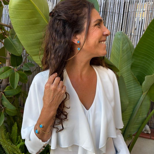 Pendientes "Doble Sol Azul Meditárraneo" – Vidrio fundido y brass bañado en Oro.