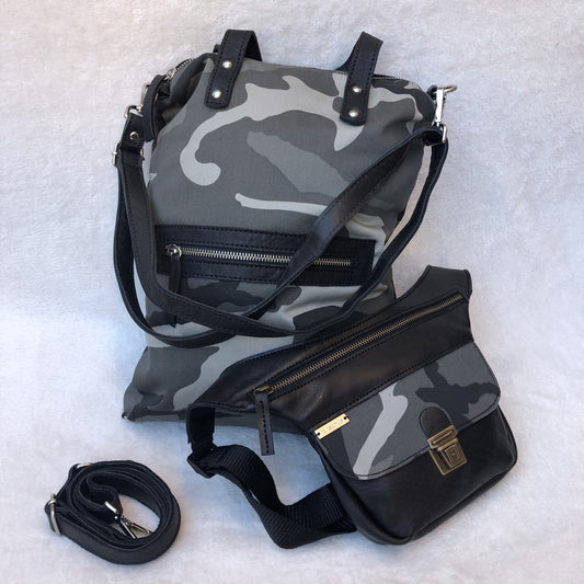 PACK Backpack-Shoulder Lau&amp;ang Bags + Caomka Fanny pack "Camouflage” Natural leather BioCuir®