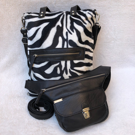 PACK Backpack-Shoulder Bag Lau&amp;ang Bags + Caomka "Black Zebra" Waist Bag BioCuir® Natural Leather