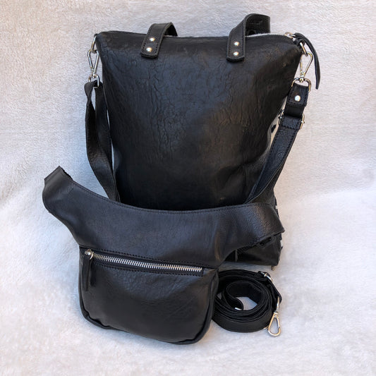 PACK Backpack-Shoulder Bag Lau&amp;ang Bags + Caomka "Black Zebra" Waist Bag BioCuir® Natural Leather