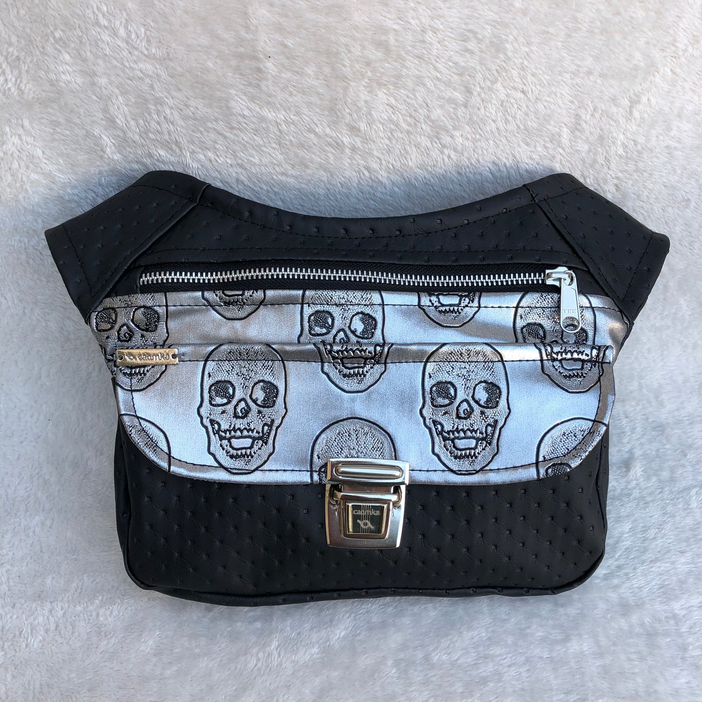 Black &amp; Silver Skulls Caomka Leatherette Fabric Exclusive Piece No. 7661