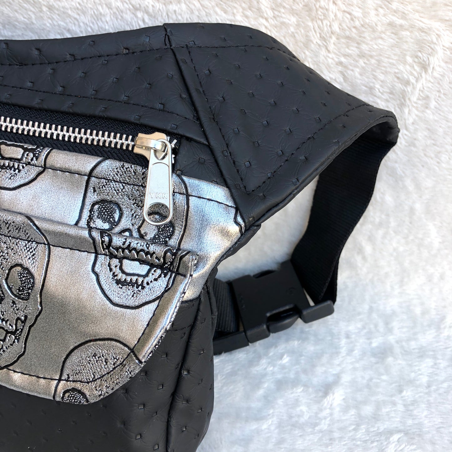 Black &amp; Silver Skulls Caomka Leatherette Fabric Exclusive Piece No. 7661