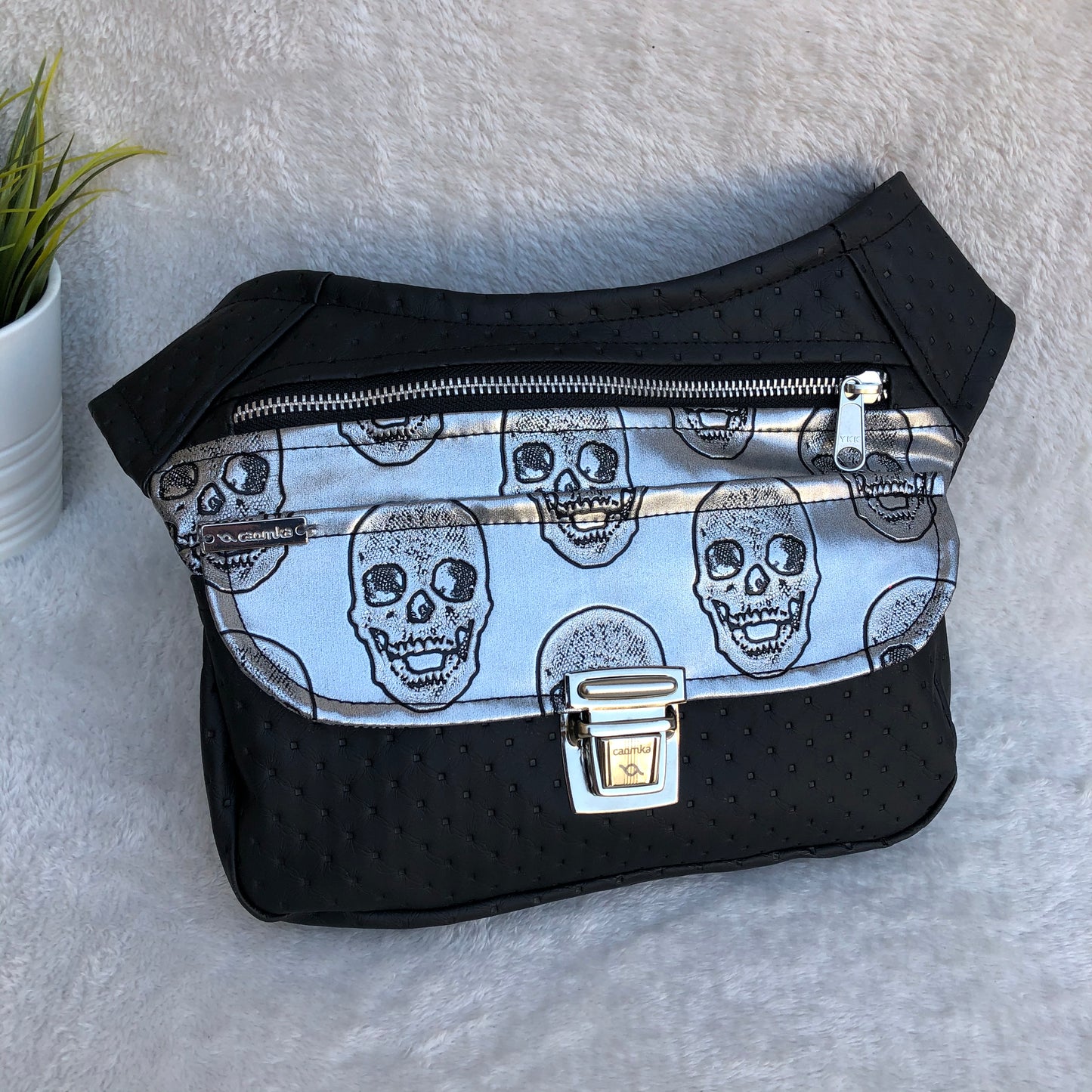 Black &amp; Silver Skulls Caomka Leatherette Fabric Exclusive Piece No. 7661