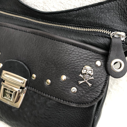Premium Black Skulls &amp; Silver Natural BioCuir® Leather Unique Piece No. 8451