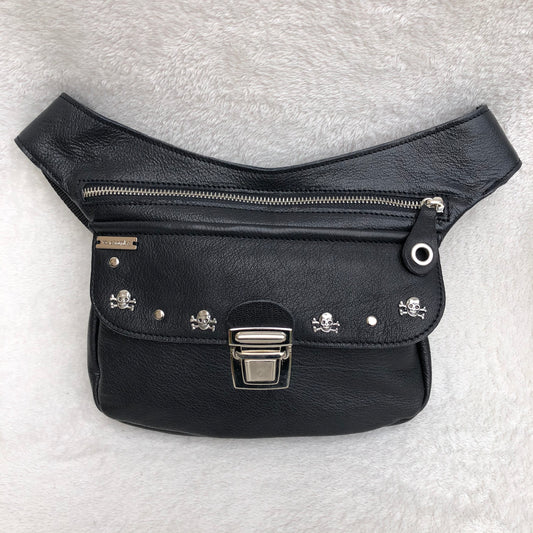 Premium Black Skulls &amp; Silver Natural BioCuir® Leather Unique Piece No. 8844