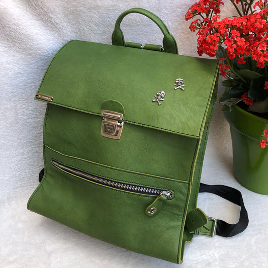 Vintage Backpack "Green Skulls” Natural leather BioCuir® Unique Piece no. 8945