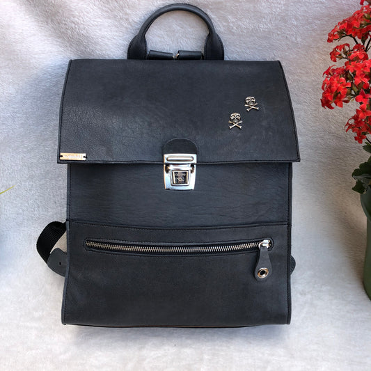 Vintage Backpack "Special Gray Skulls” Natural leather BioCuir® Unique Piece no. 8946
