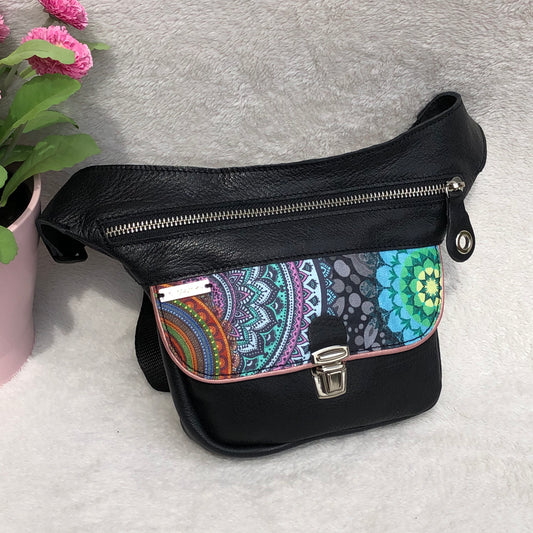 Mini Special Black &amp; Mandalas BioCuir® natural leather Unique Piece No. 9274