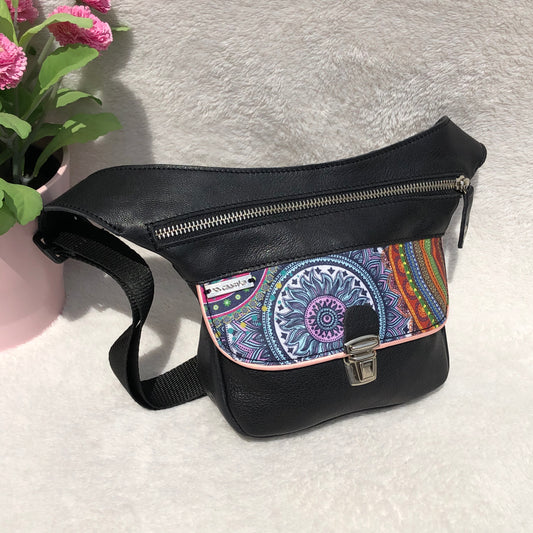 Mini Special Black &amp; Mandalas BioCuir® natural leather Unique Piece No. 9276