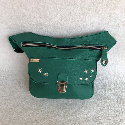 Mini Premium Stars Green &amp; Silver BioCuir® natural leather Unique Piece No. 9271