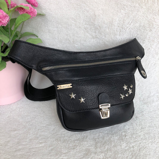 Mini Premium Stars Black &amp; Silver BioCuir® natural leather Unique Piece No. 9259