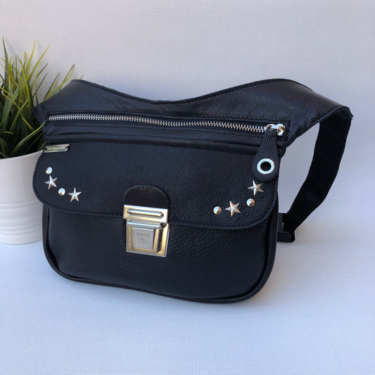 Premium Black Stars &amp; Silver Natural BioCuir® Leather Exclusive Piece No. 9426