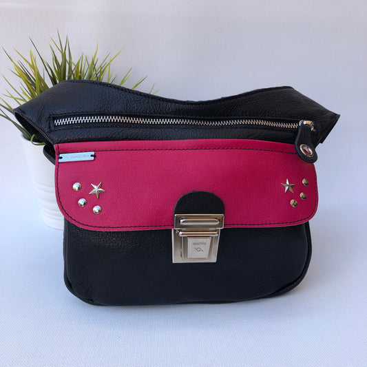 Premium Black-Fuchsia Stars &amp; Silver Natural BioCuir® Leather Exclusive Piece No. 9467