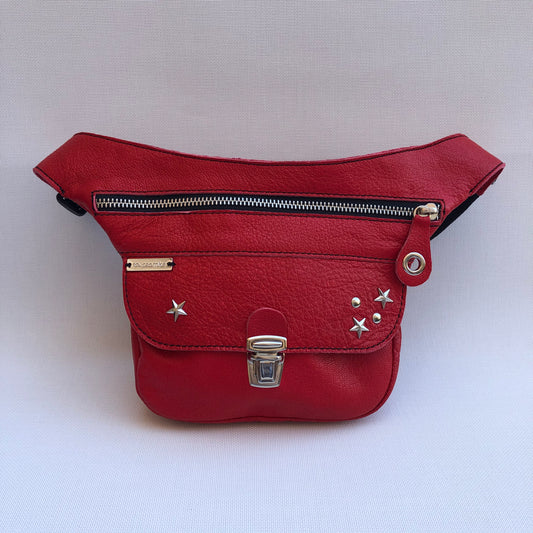 Mini Premium Stars Red &amp; Silver Natural BioCuir® Leather Exclusive Piece No. 9590