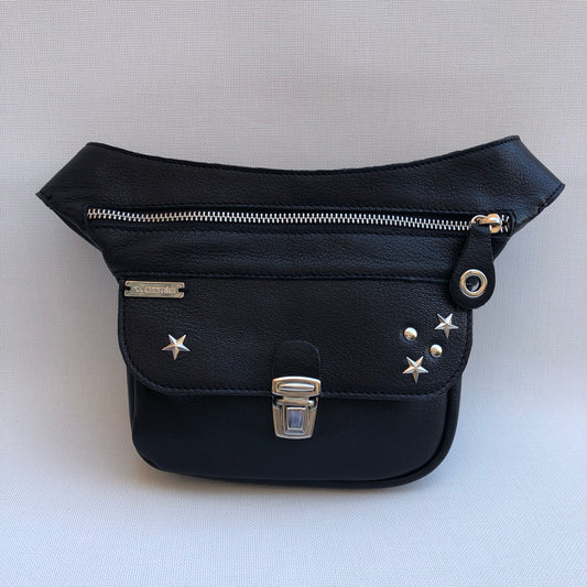 Mini Premium Stars Black &amp; Silver Natural BioCuir® Leather Exclusive Piece No. 9593