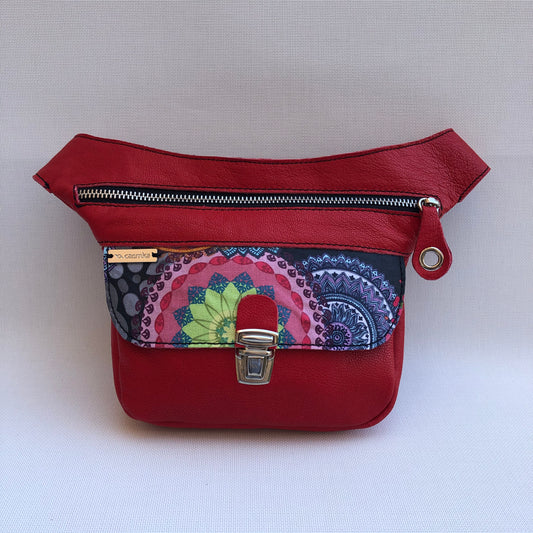 Mini Special Mandalas Red &amp; Silver BioCuir® natural leather Unique Piece No. 9594