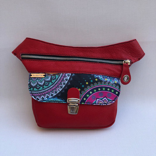 Mini Special Mandalas Red &amp; Silver BioCuir® natural leather Unique Piece No. 9596