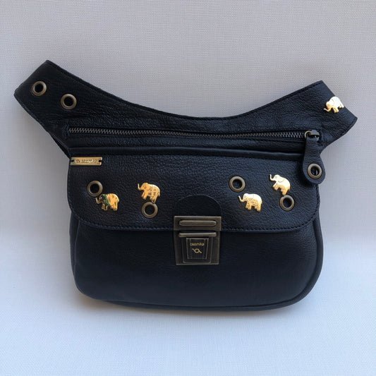 Premium Black "Lucky Elephants" BioCuir® natural leather Unique Piece No. 10285