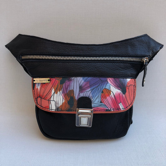Mini Special Black &amp; Art Flowers BioCuir® natural leather Unique Piece No. 10676