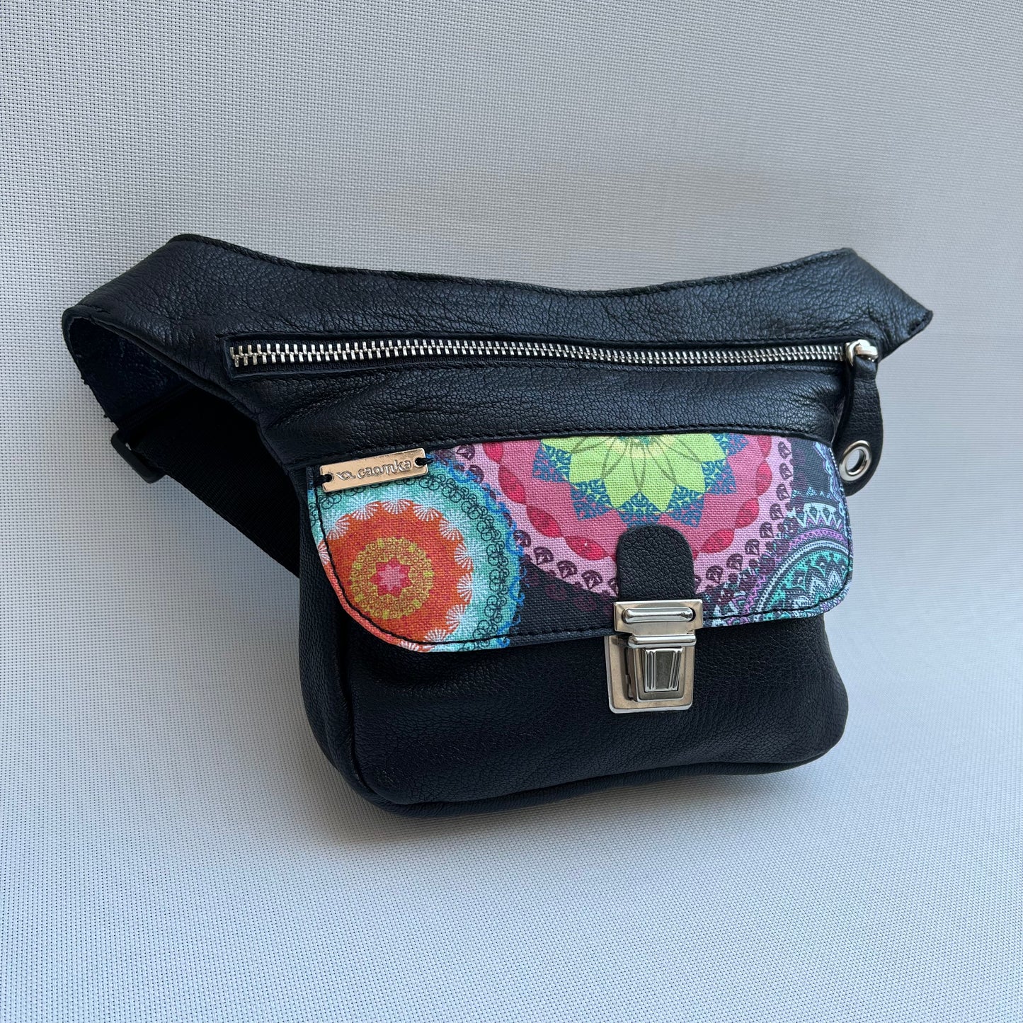 Mini Special Black &amp; Mandalas BioCuir® natural leather Unique Piece No. 10505