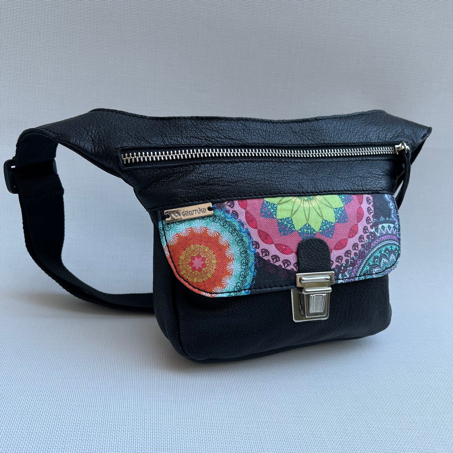 Mini Special Black &amp; Mandalas BioCuir® natural leather Unique Piece No. 10505