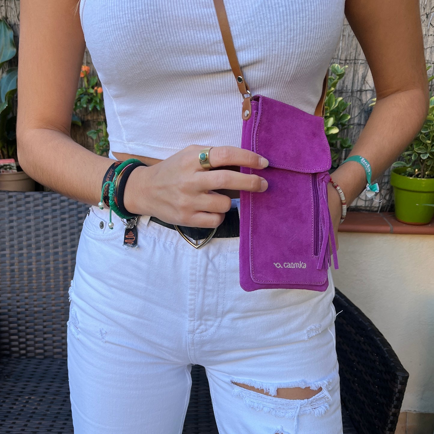 Mobile Holder Water Design Split Leather Fuchsia Pink
