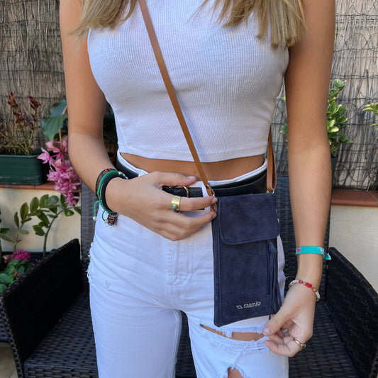 Mobile Holder Water Design Split Leather Navy Blue