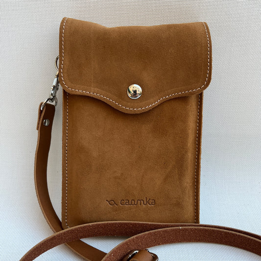 Mobile Holder Fire Design Split Leather Camel