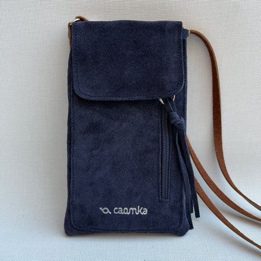 Mobile Holder Water Design Split Leather Navy Blue