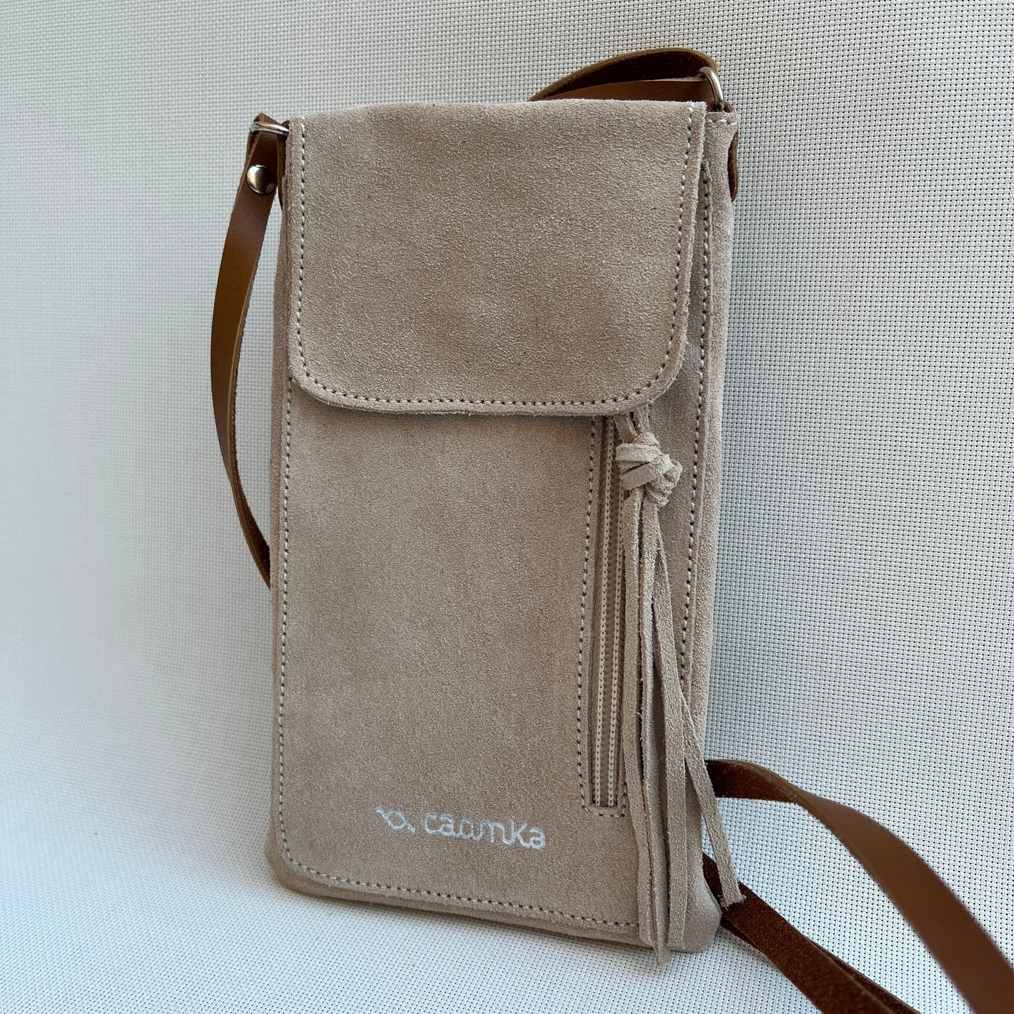 Mobile Holder Water Design Split Leather Beige