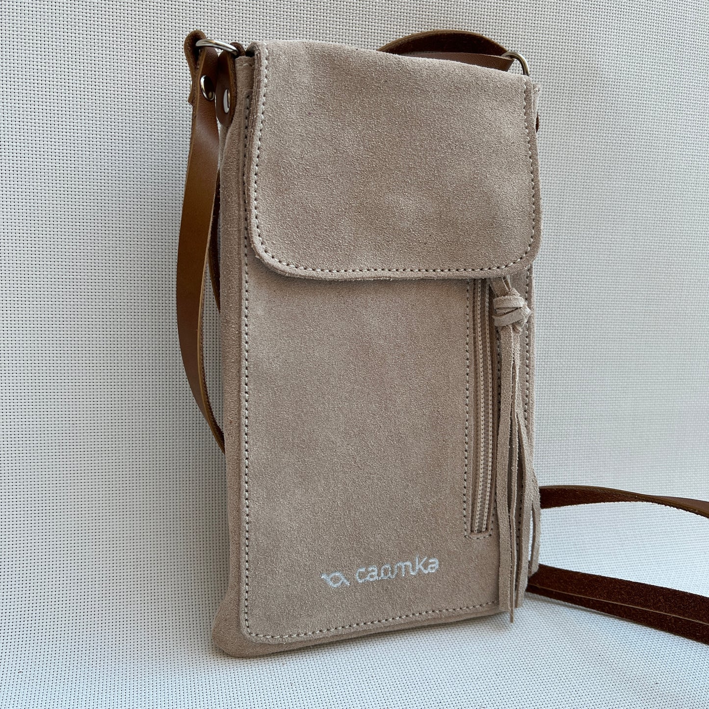 Mobile Holder Water Design Split Leather Beige