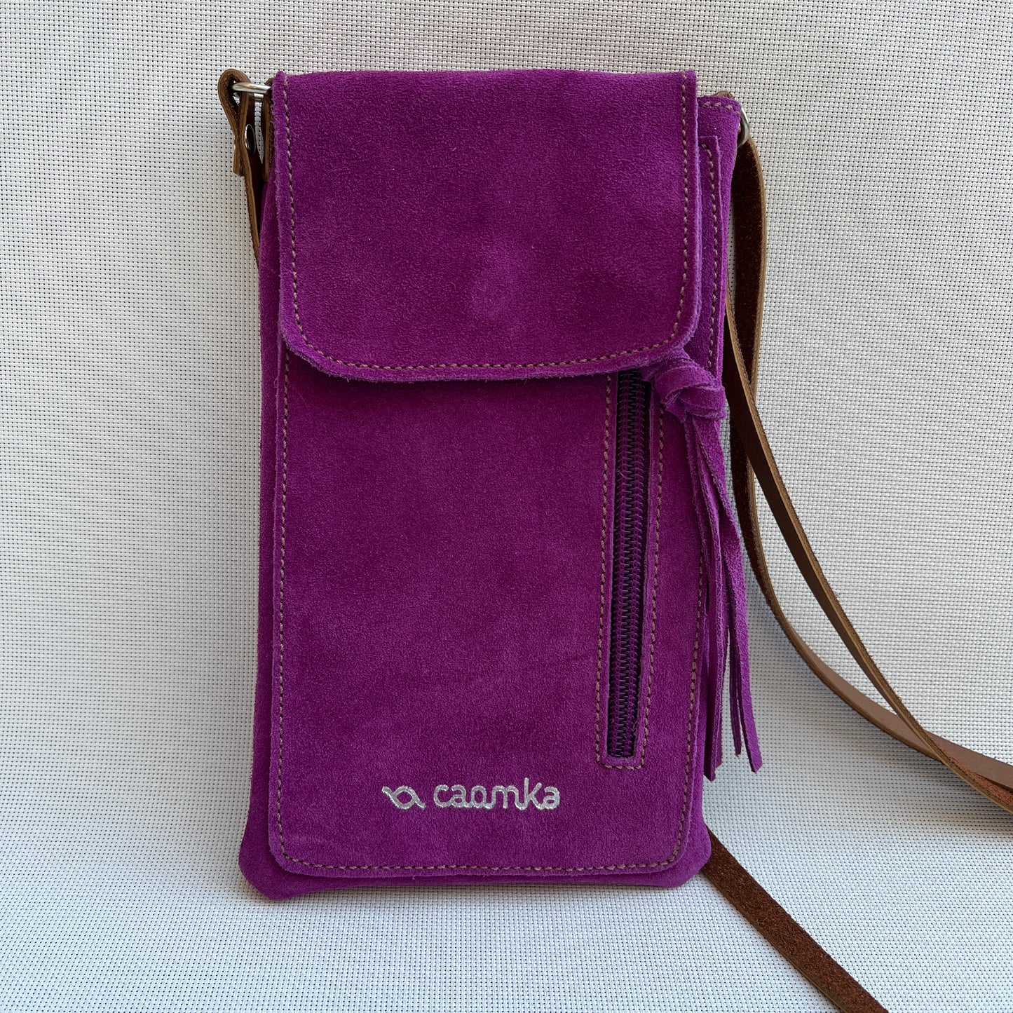 Mobile Holder Water Design Split Leather Fuchsia Pink