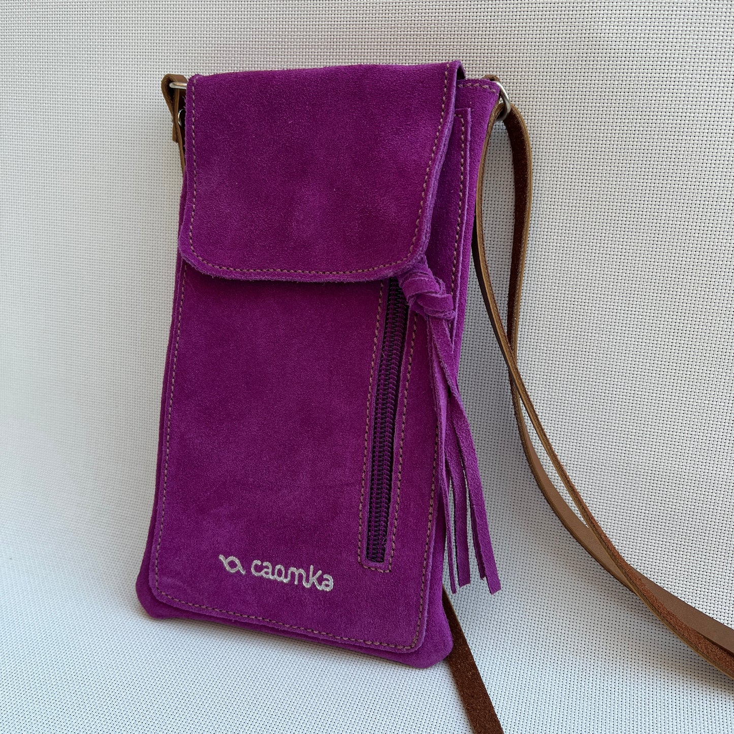 Mobile Holder Water Design Split Leather Fuchsia Pink