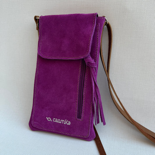 Mobile Holder Water Design Split Leather Fuchsia Pink