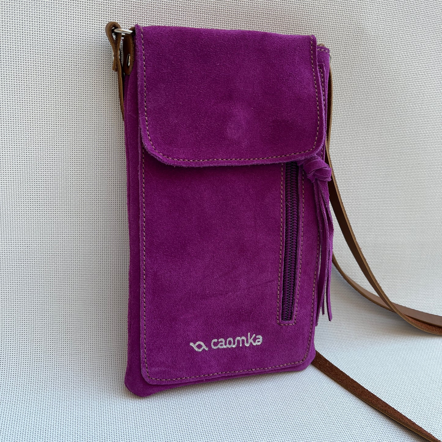 Mobile Holder Water Design Split Leather Fuchsia Pink
