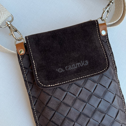 Mobile Holder Earth Design Braided Split Leather Chocolate Brown