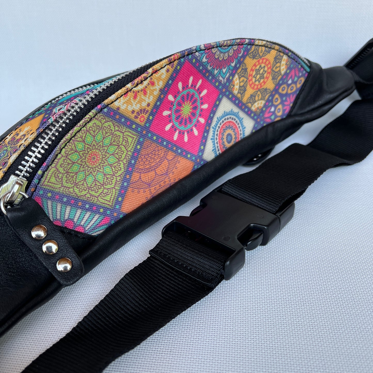 Retro Chic Special Black Mandalas BioCuir® natural leather Unique Piece No. 12236