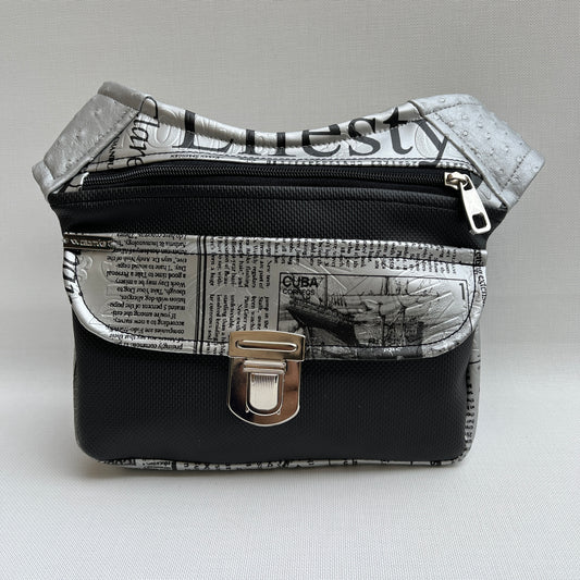 Newspaper Black &amp; Silver Vegan Leather Unique Piece No. 11307