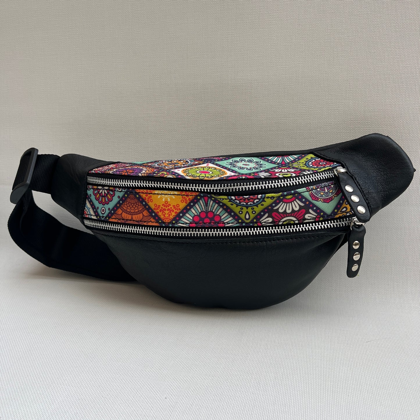 Retro Chic Special Black Mandalas BioCuir® natural leather Unique Piece No. 13044